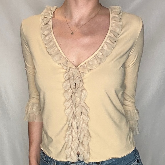 Moschino Jeans Beige Mesh Ruffle Trim Cardi/Blouse - Picture 4 of 11